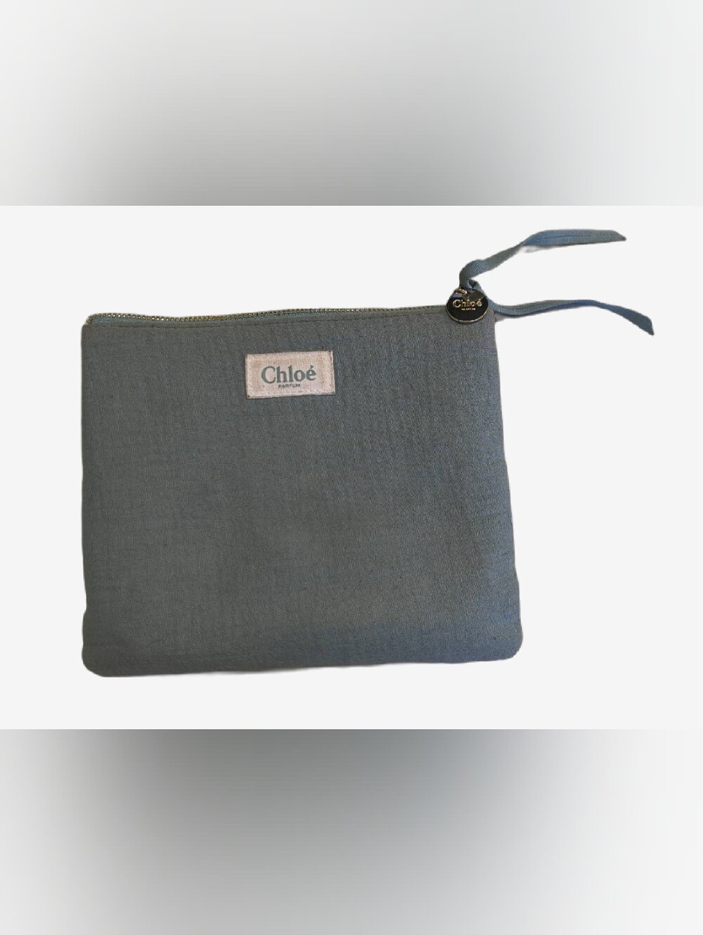 Chloe Parfums Slate Blue Linen Makeup Cosmetic Bag Pouch Gold Logo Zipper